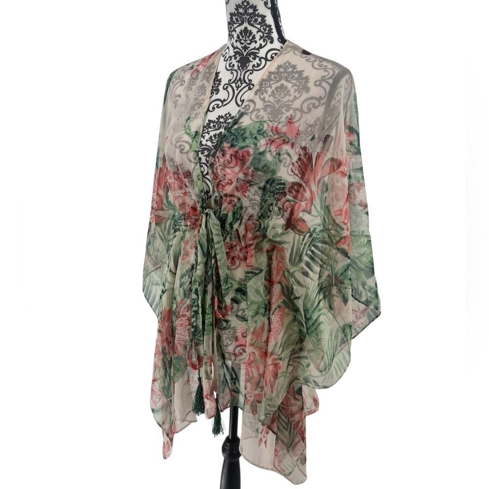 BCBGeneration Sheer Tropical Floral Kimono Wrap Cover-Up Boho Resort Tassel Tie - Picture 2 of 9